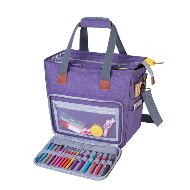 LUXJA Knitting Bag with Shoulder Straps, Yarn Bag for Carrying Projects, Knitting Needles, Crochet Hooks and Other Accessories, Purple - Image 1